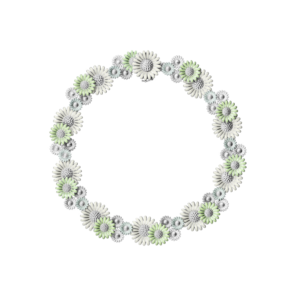 Georg Jensen Stine Goya Daisy Sterling Silver Green and White Enamel Necklace - S/M