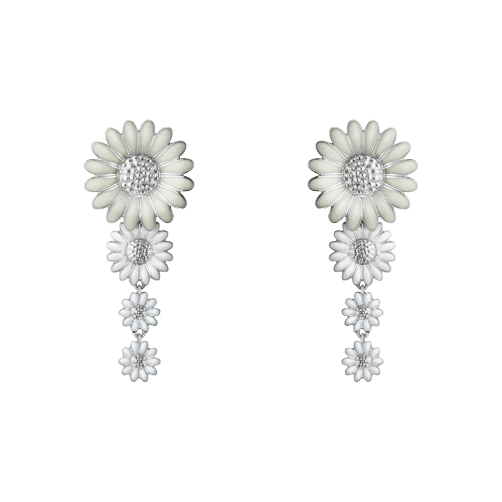 Georg Jensen Stine Goya Daisy Sterling Silver White Enamel Drop Earrings - Silver