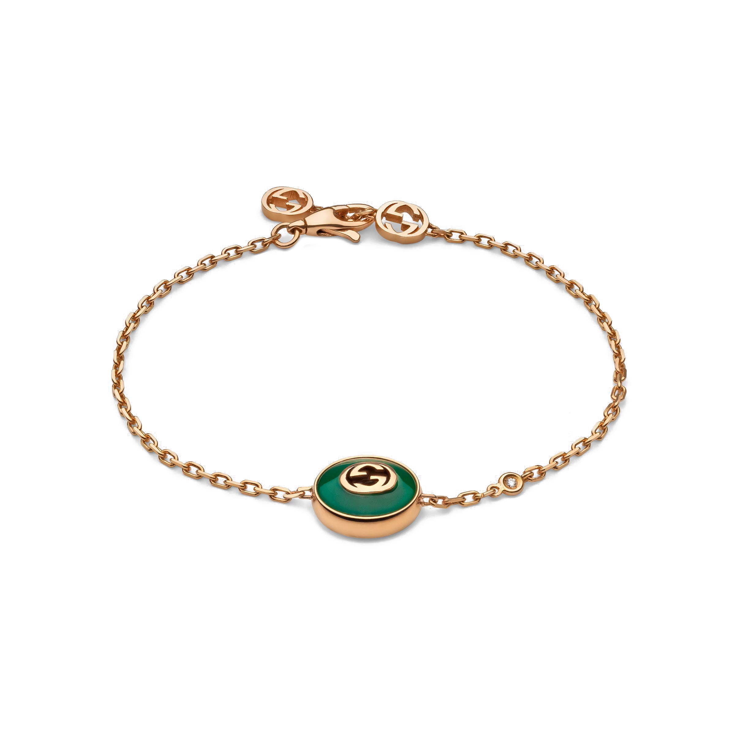 Gucci Interlocking 18ct Rose Gold Green Agate Bracelet - 16cm