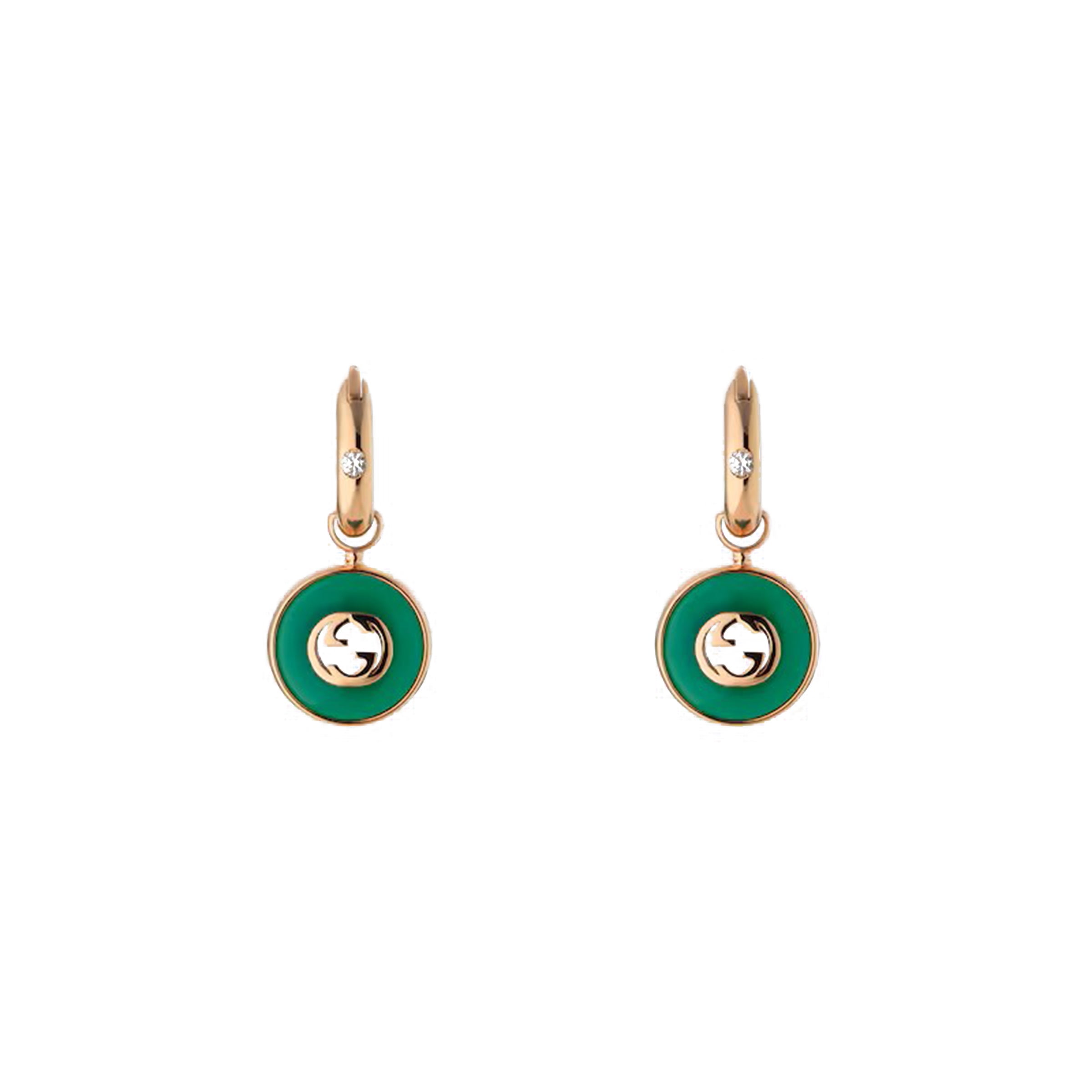 Gucci Interlocking 18ct Rose Gold Green Agate Hoop Earrings