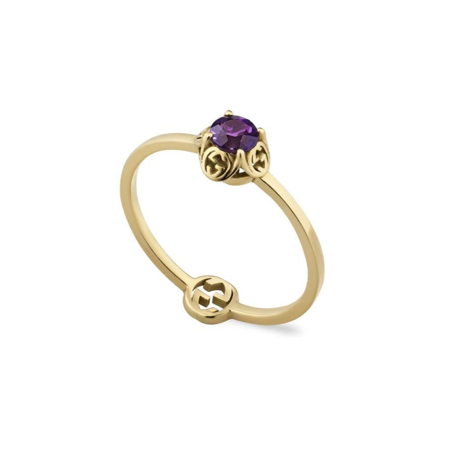 Gucci Interlocking 18ct Yellow Gold Amethyst Ring D - L