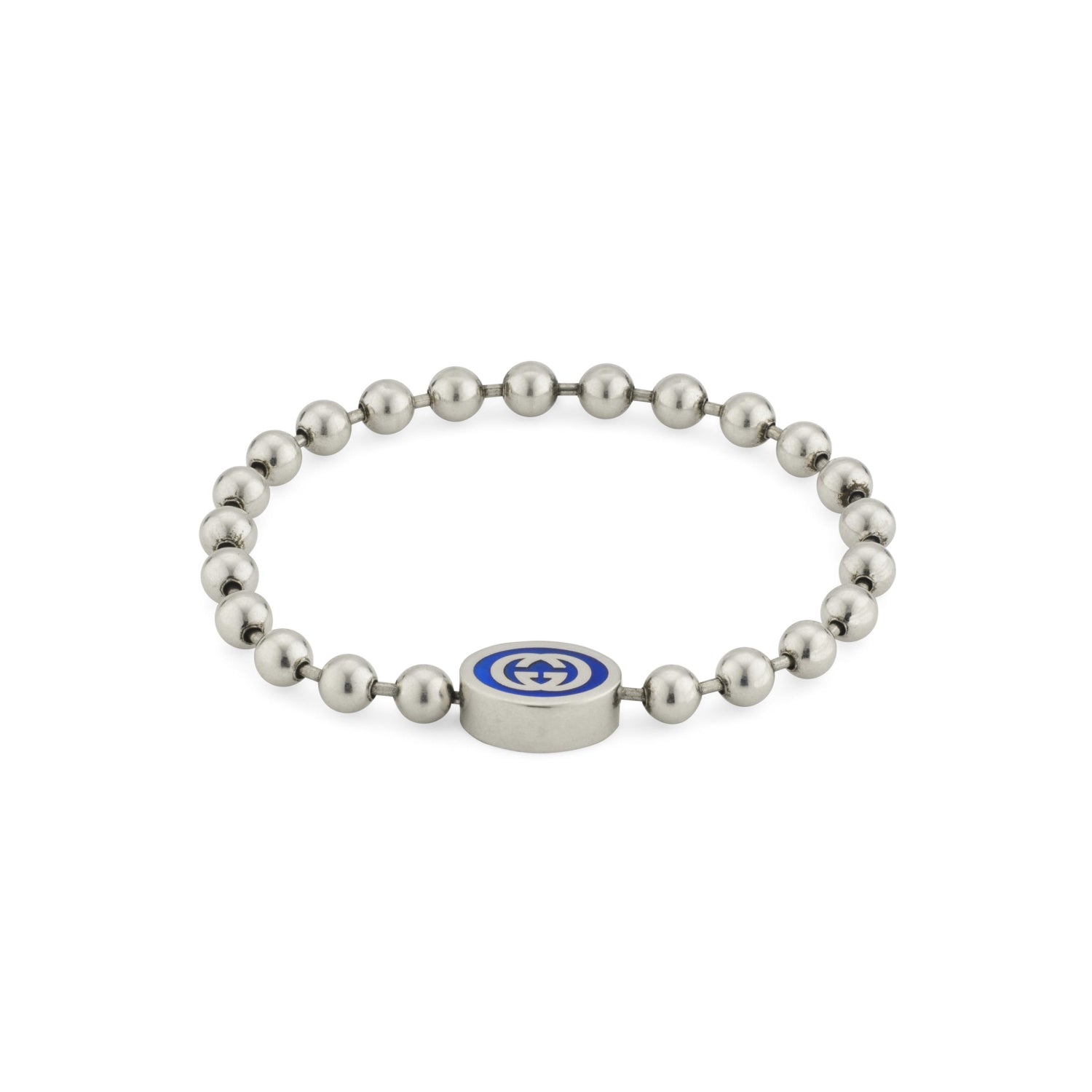 Gucci Interlocking G Boule Chain Sterling Silver Blue Enamel Bracelet - 18cm