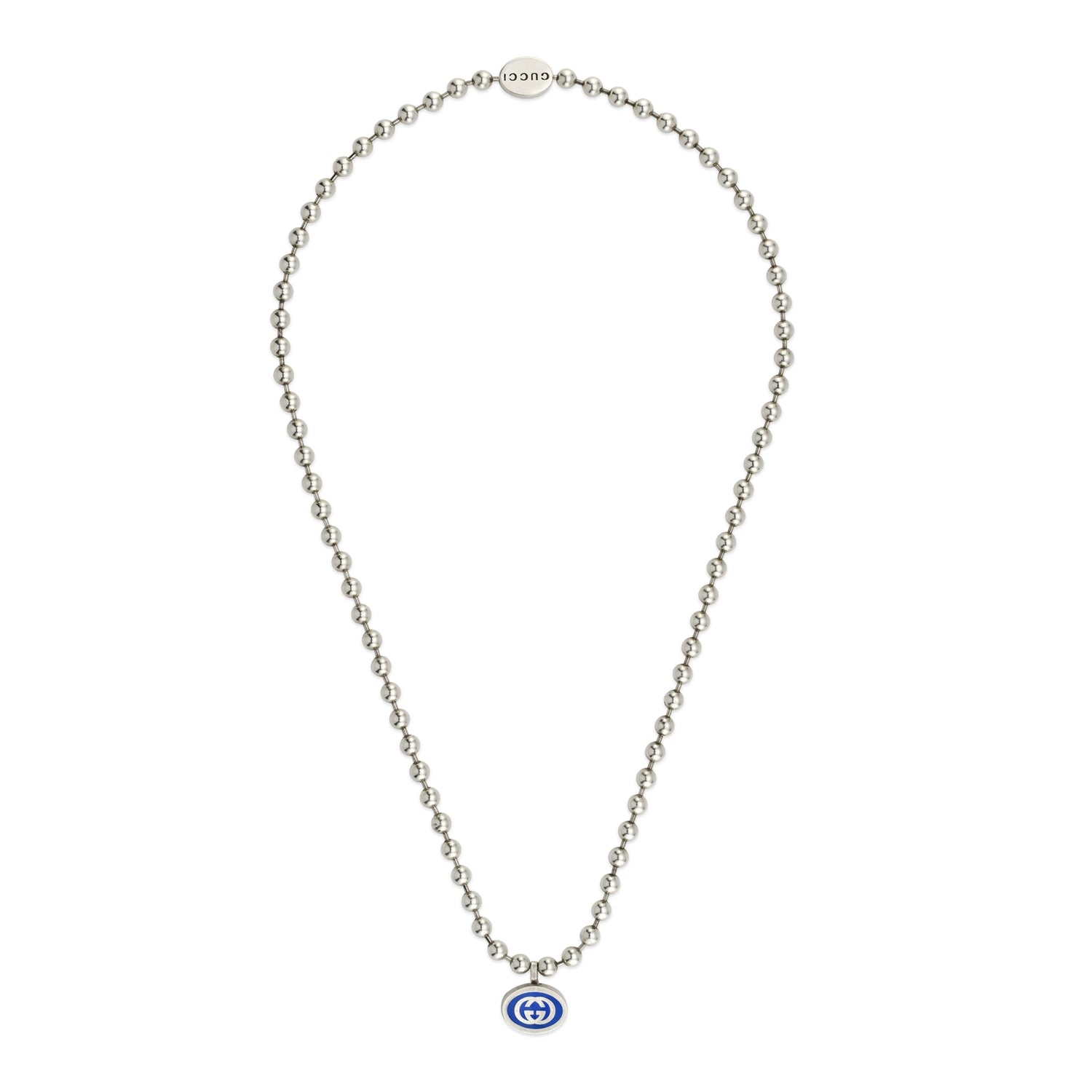 Gucci Interlocking G Boule Chain Sterling Silver Blue Enamel Necklace