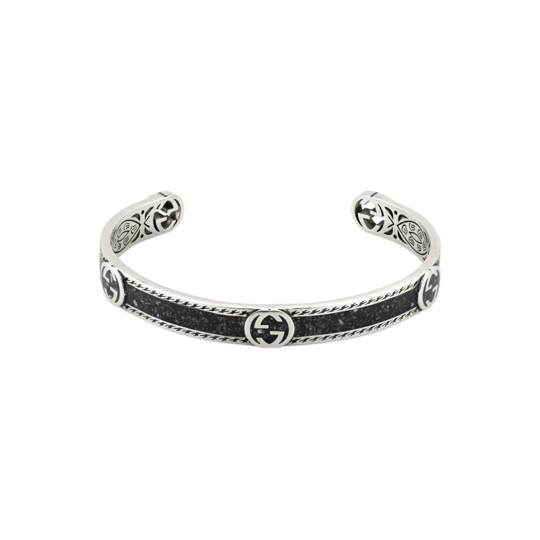 Gucci Interlocking Sterling Silver Black Enamel Cuff Bracelet D - 16cm