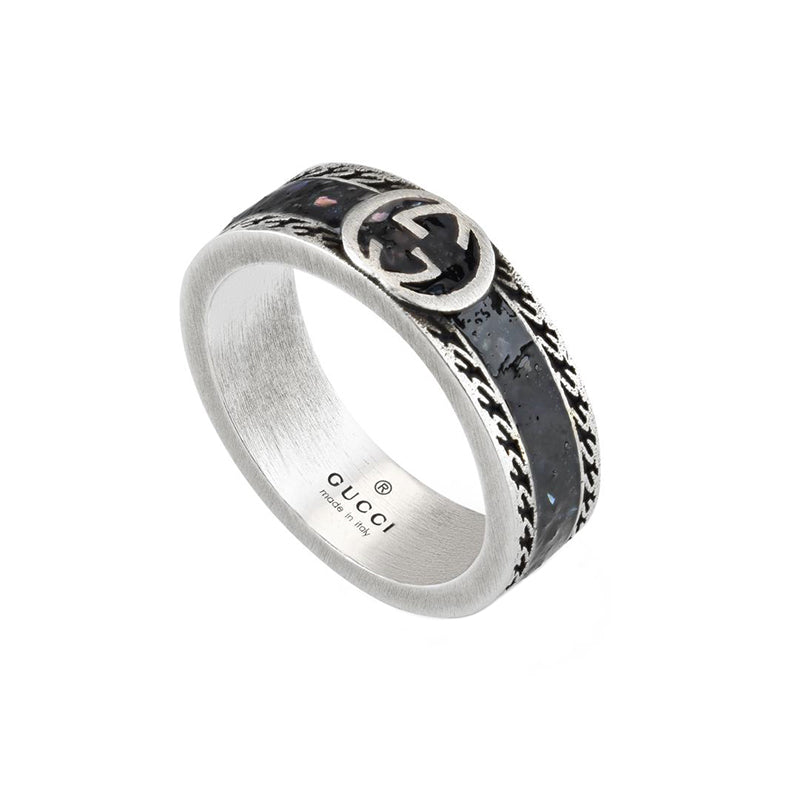 Gucci Interlocking Sterling Silver Black Enamel Band Ring - U.5
