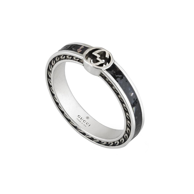 Gucci Interlocking Sterling Silver Black Enamel Band Ring D - L