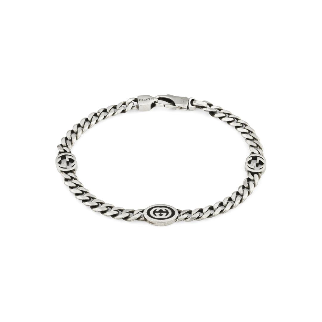 Gucci Interlocking Sterling Silver Black Enamel Chain Bracelet - 17cm