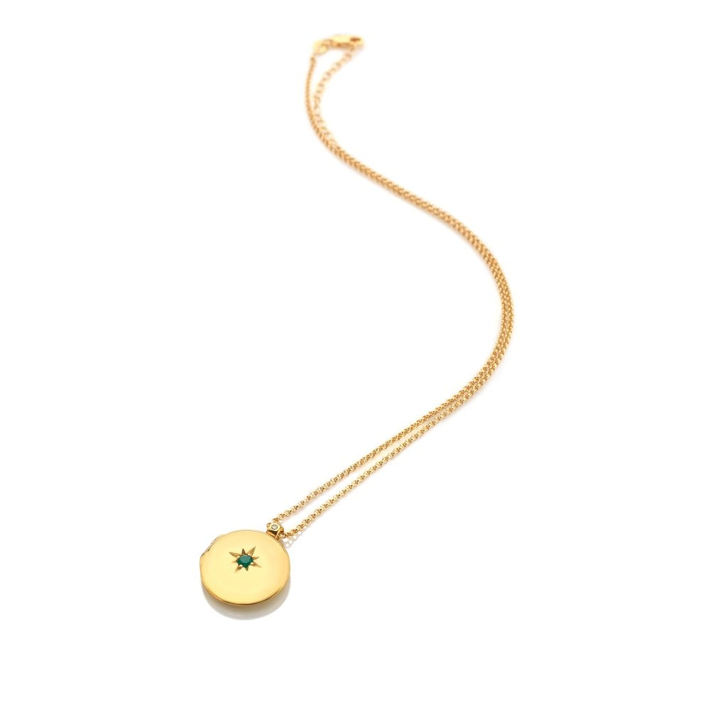 Hot Diamonds Gold Plated Sterling Silver Green Agate Starburst Locket Necklace