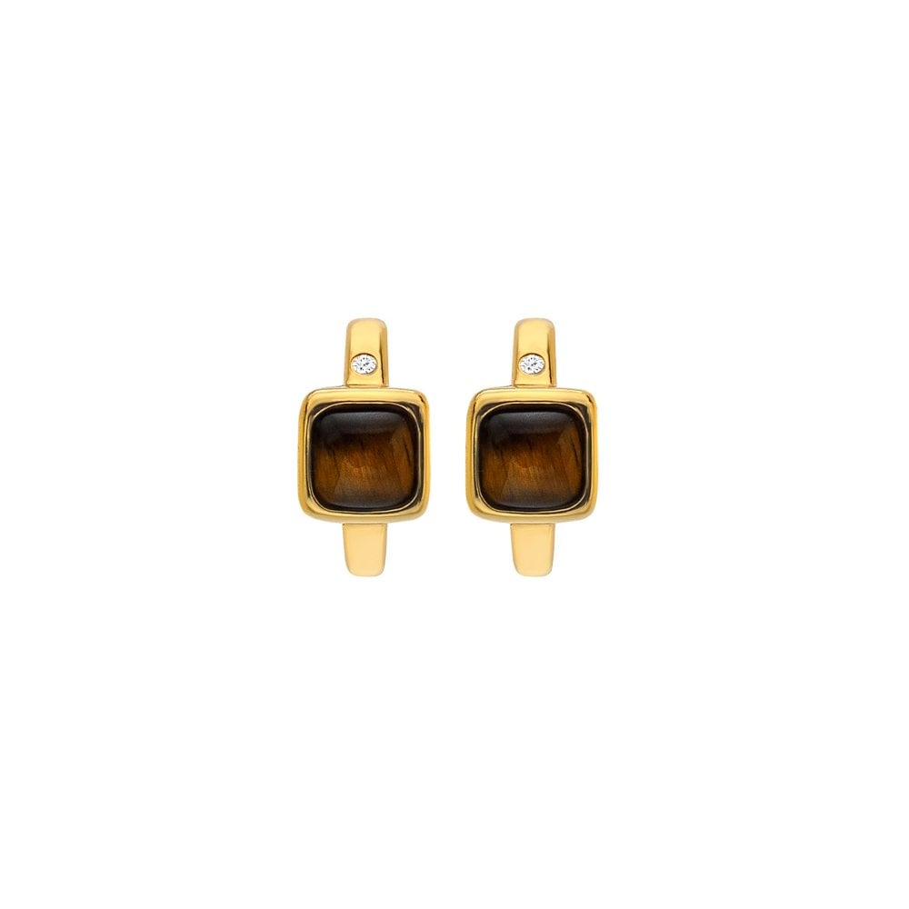 Hot Diamonds Gold Plated Sterling Silver Tigers Eye Square Huggie Earrings
