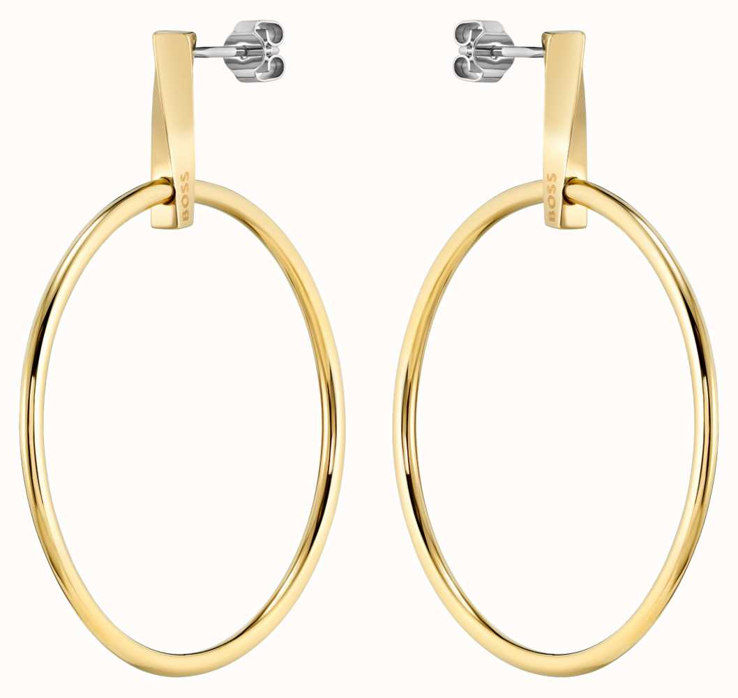 Boss Jewellery Gold Plated Stainless Steel Signature Hoop Style Stud Earrings - Gold