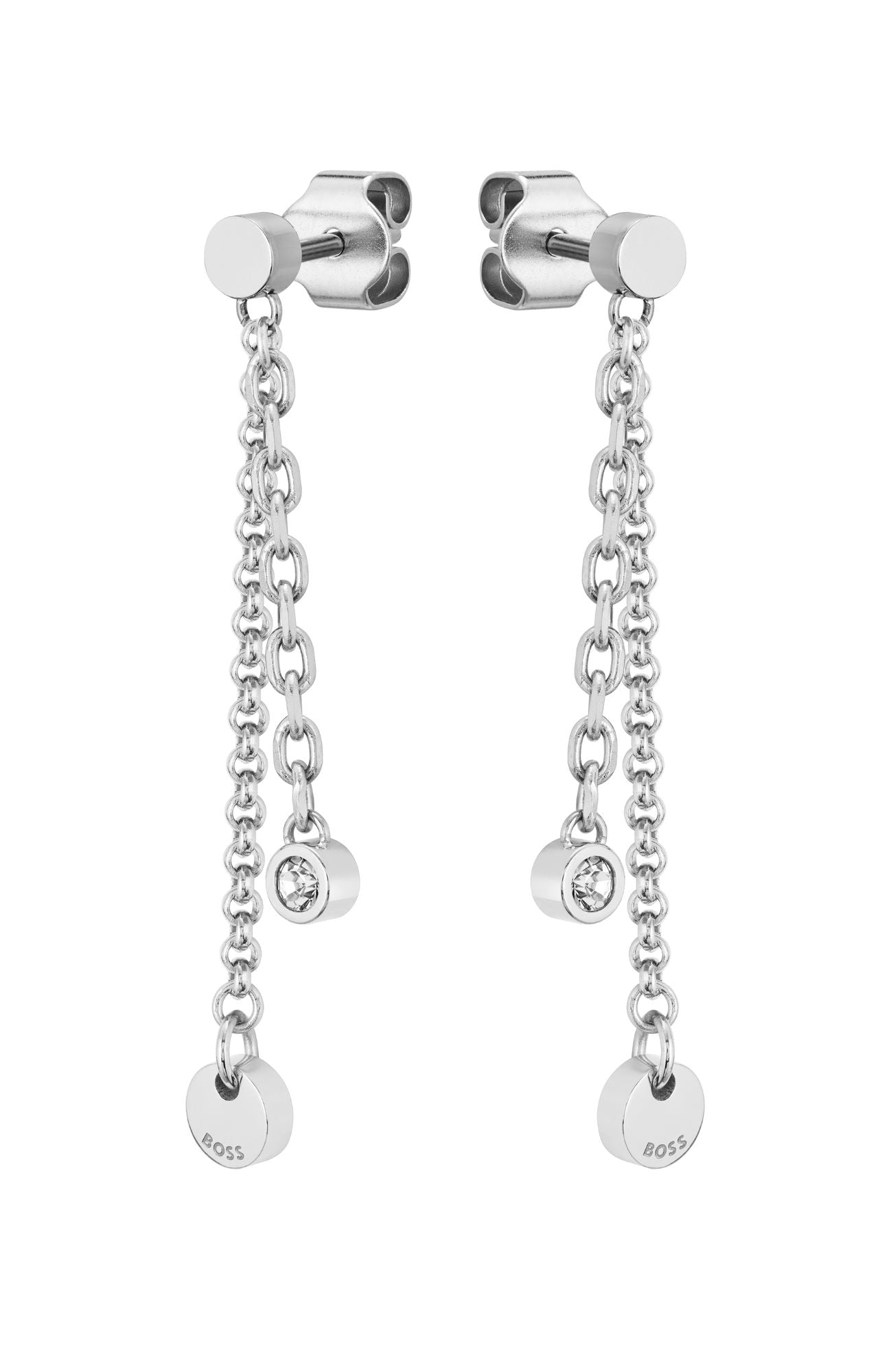 Boss Jewellery Stainless Steel Double Chain Drop Earrings - Silver