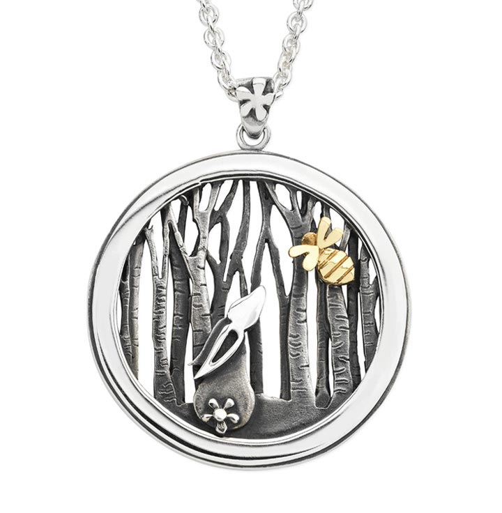 Linda Macdonald Bunny and Bee Sterling Silver 9ct Gold Necklace