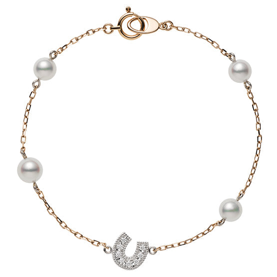 Mikimoto 18ct Rose Gold White Akoya Pearl Diamond Horseshoe Chain Bracelet - Rose Gold
