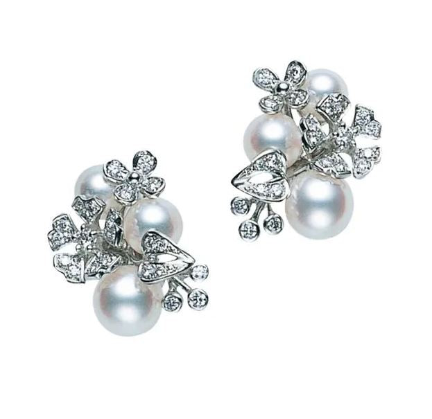 Mikimoto 18ct White Gold Akoya Pearl Diamond Floral Bouquet Stud Earrings - Gold