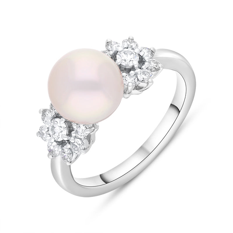 Mikimoto 18ct White Gold Diamond 8.5mm White Akoya Pearl Ring - 54