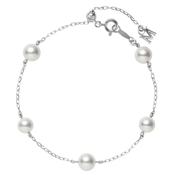 Mikimoto 18ct White Gold Five Akoya Pearls Adjustable Chain Bracelet
