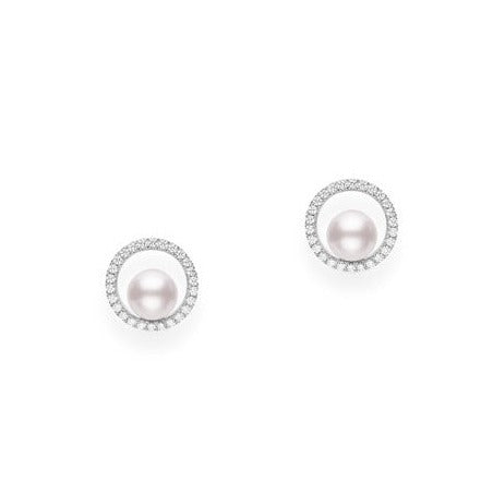 Mikimoto Circle 18ct White Gold Diamond 6mm White Akoya Pearl Stud Earrings - White Gold
