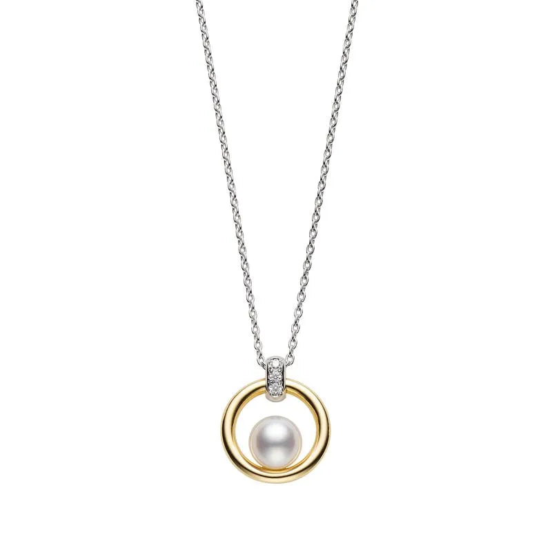 Mikimoto Circle 18ct White Yellow Gold Diamond 6mm White Akoya Pearl Pendant - White Gold