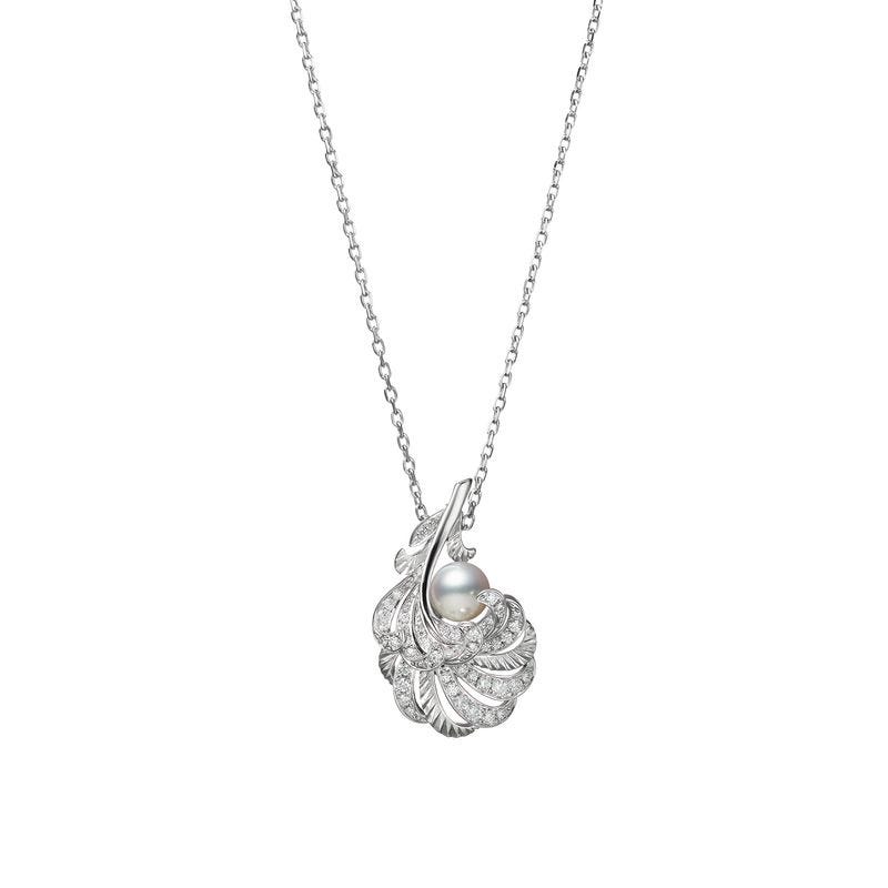 Mikimoto Feather 18ct White Gold White Akoya Pearl Diamond Necklace