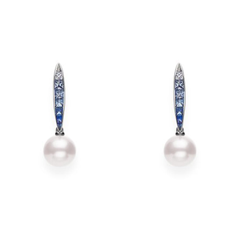 Mikimoto Ocean 18ct White Gold Sapphire 8mm White A+ Akoya Pearl Earrings - White