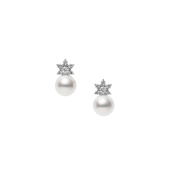 Mikimoto Star 18ct White Gold Diamond 8mm White Akoya Pearl Earrings - White