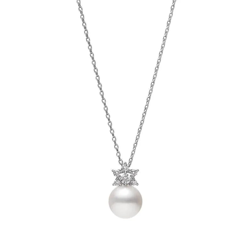 Mikimoto Star 18ct White Gold Diamond 8.25mm White Akoya Pearl Necklace - White