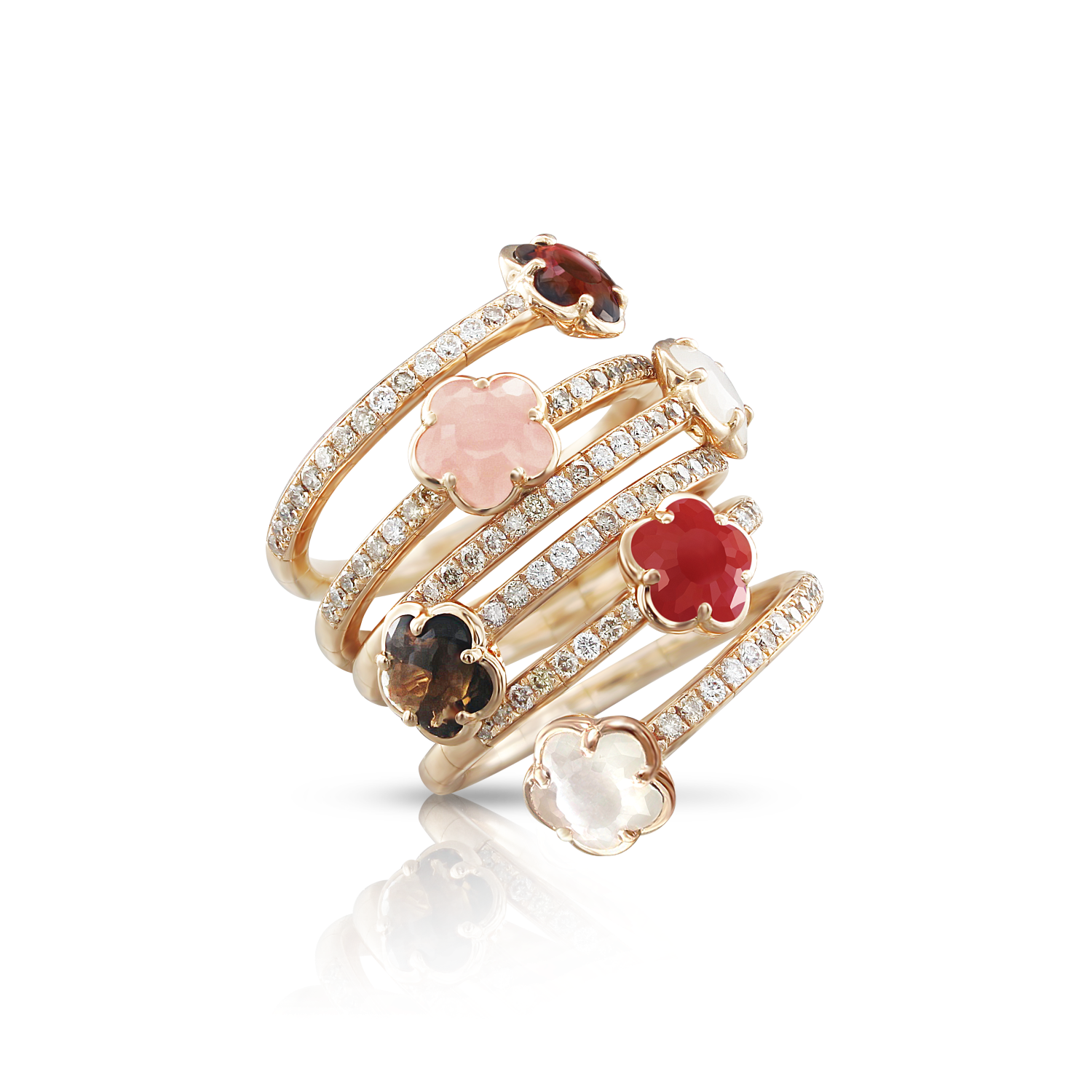 Pasquale Bruni Figlia Dei Fiori 18ct Rose Gold Diamond Gemstone Six Flower Twist Ring - 16-(56)