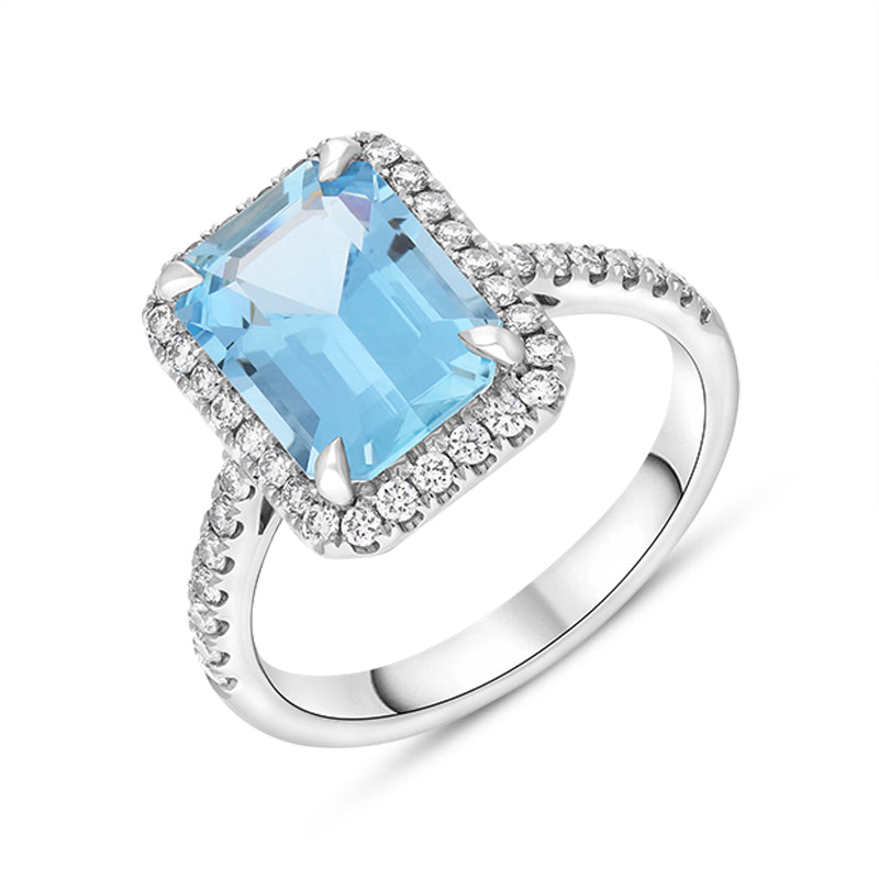Tivon Platinum Santa Maria Aquamarine Diamond Emerald Cut Cluster Ring - N