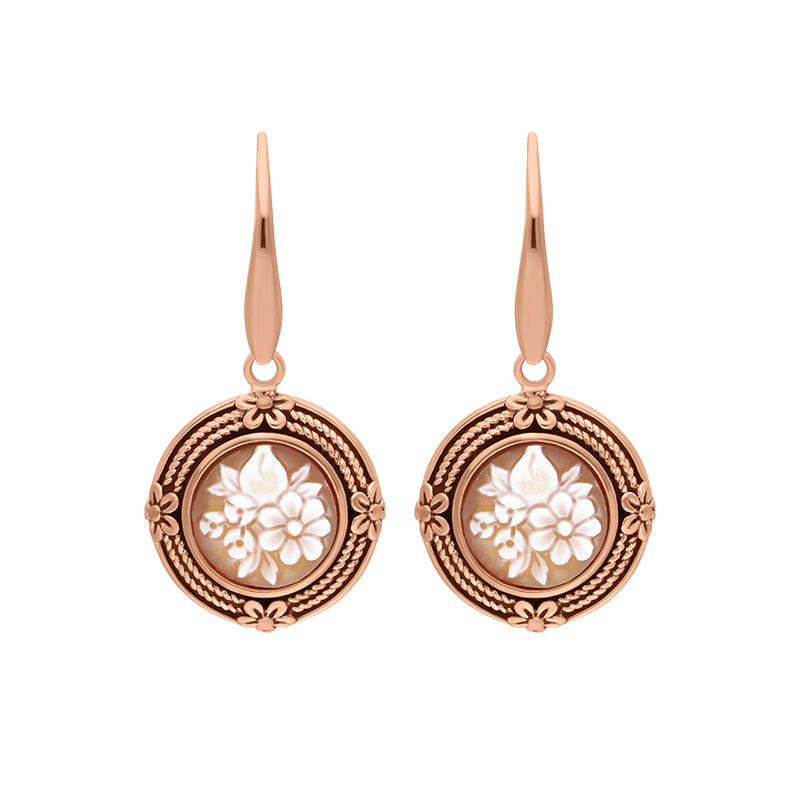 Rose Gold Plated Sterling Silver Cameo Round Flower Bunch Drop Earrings D