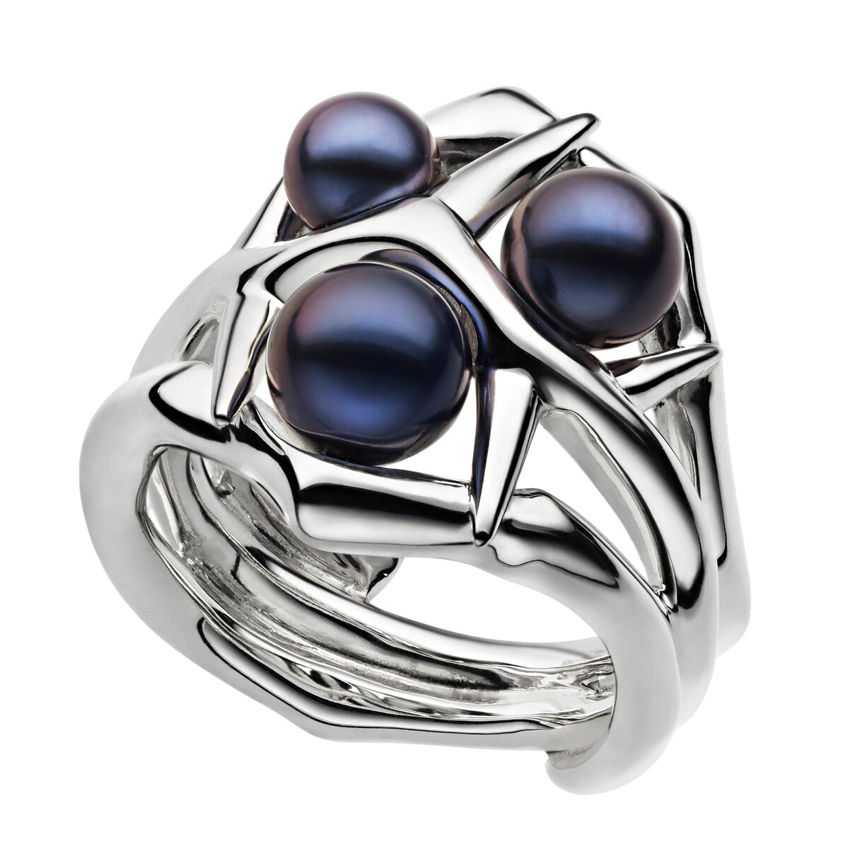 Shaun Leane Blackthorn Sterling Silver Black Pearl Triple Ring - L