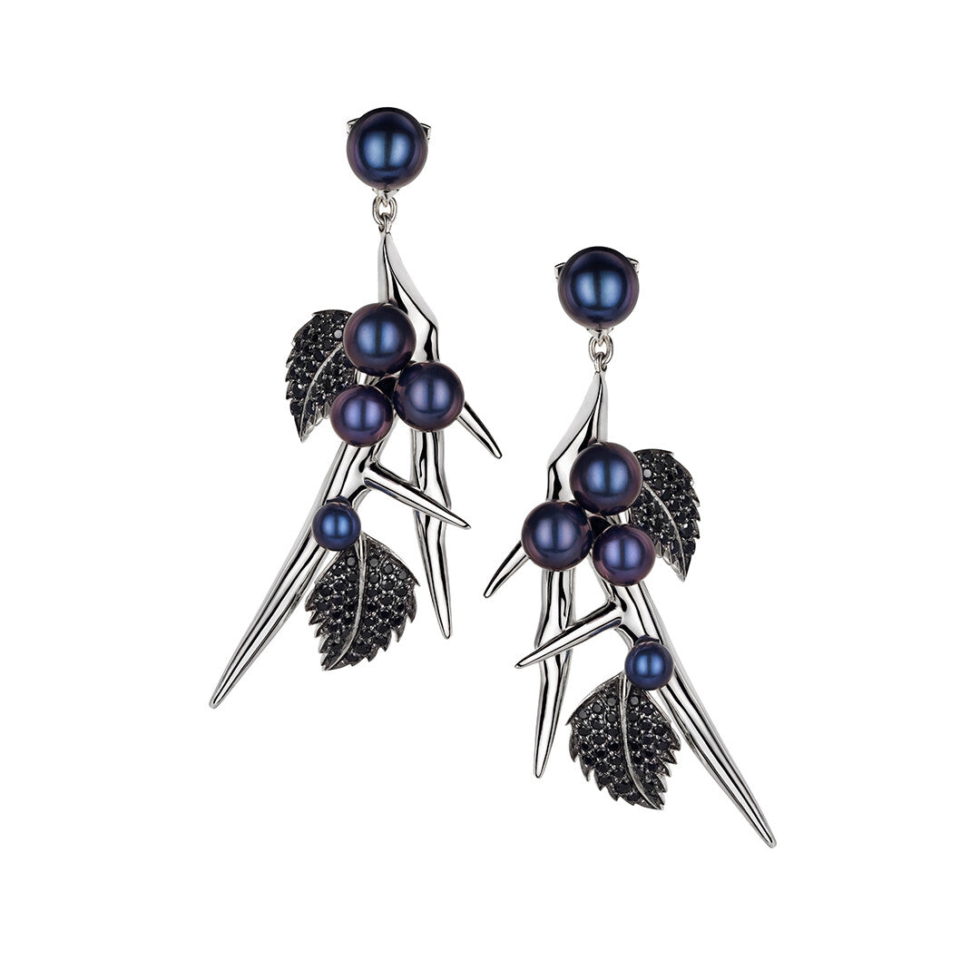 Shaun Leane Blackthorn Sterling Silver Black Spinel Pearl Drop Leaf Earrings - Silver