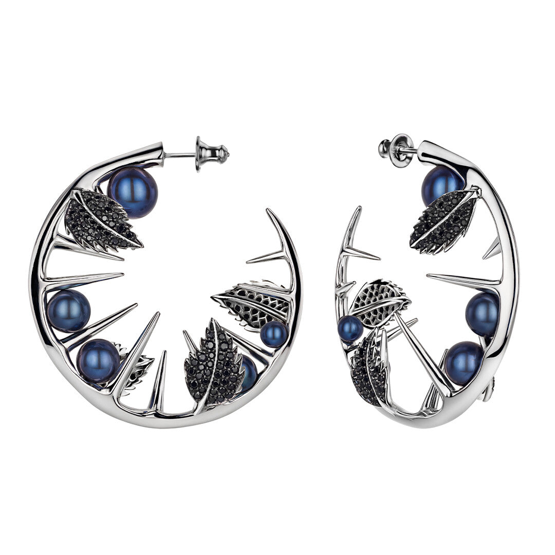 Shaun Leane Blackthorn Sterling Silver Black Spinel Pearl Leaf Hoop Earrings - Silver
