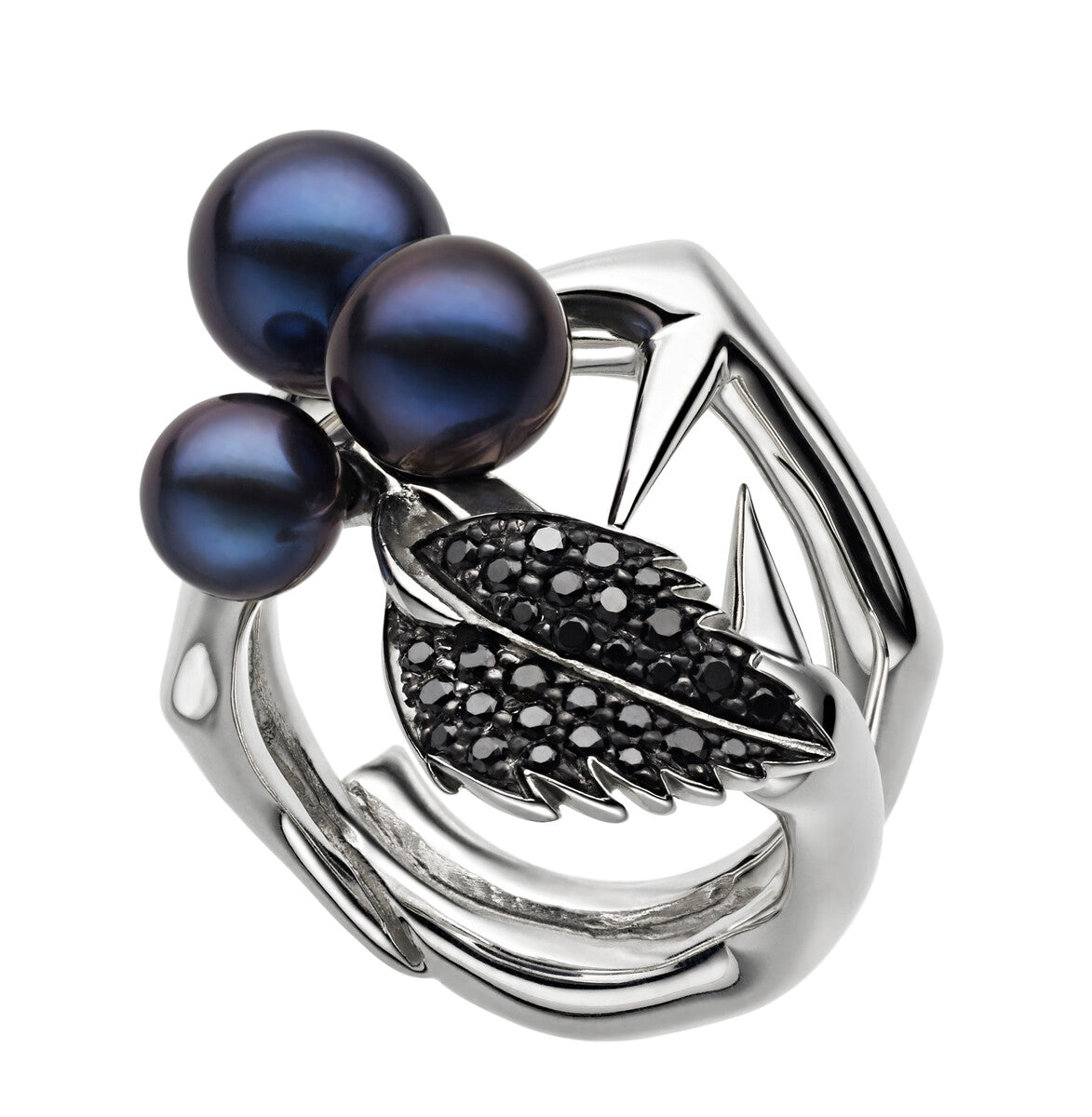 Shaun Leane Blackthorn Sterling Silver Black Spinel Pearl Leaf Ring - L