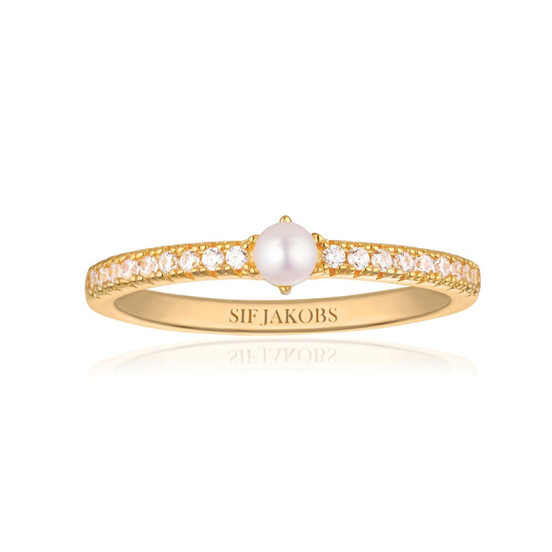 Sif Jakobs Ellera 18ct Gold Plated Sterling Silver Freshwater Pearl White Zirconia Band Ring - 60