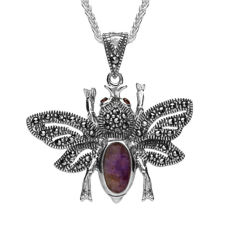 Sterling Silver Blue John Marcasite Garnet Bee Pendant Necklace - Silver