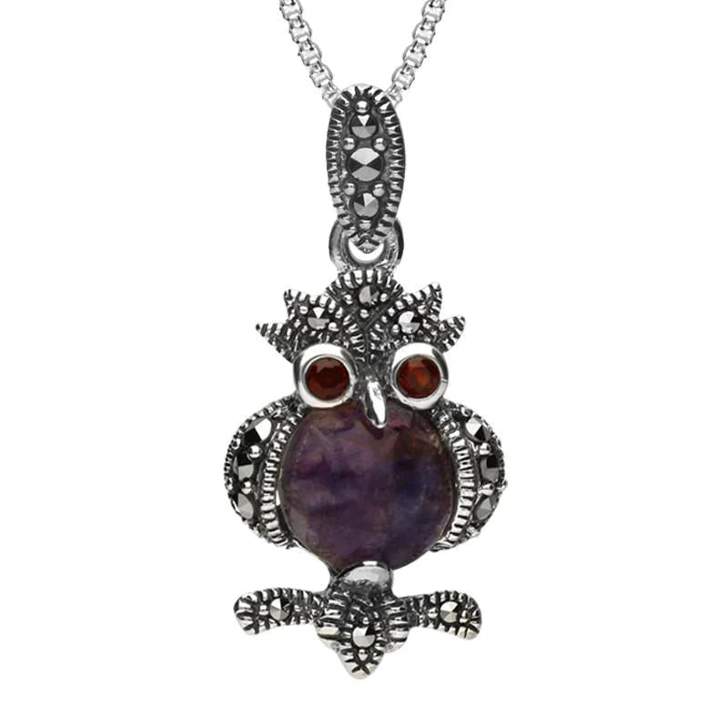 Sterling Silver Blue John Marcasite Garnet Owl Necklace - Silver