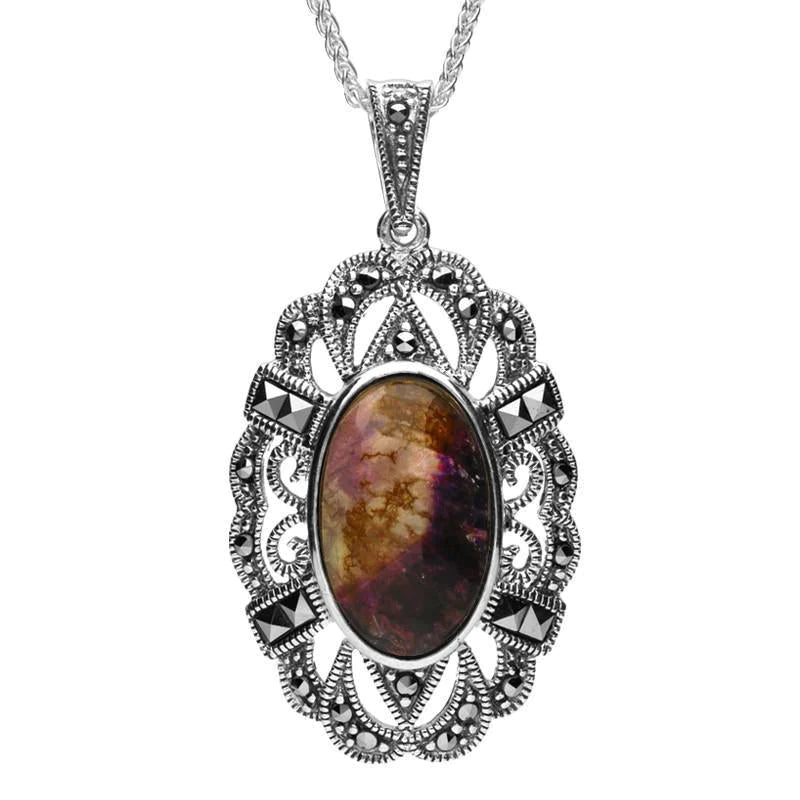 Sterling Silver Blue John Marcasite Lace Edged Oval Necklace - Silver