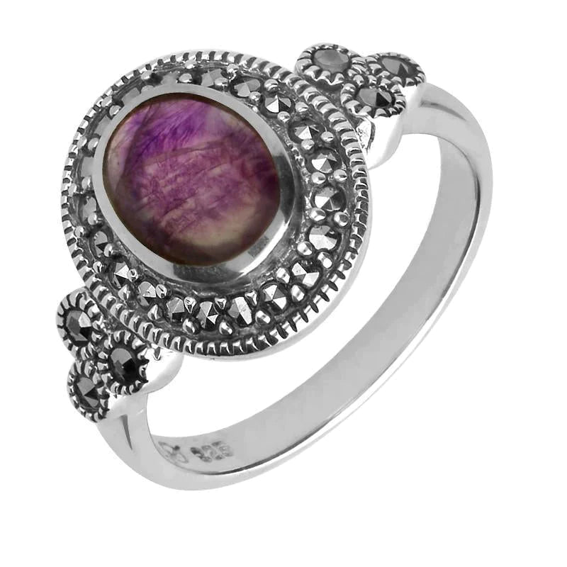 Sterling Silver Blue John Marcasite Oval Beaded Edge Ring - Option1 Value Silver