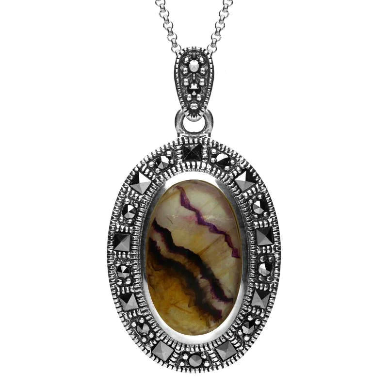 Sterling Silver Blue John Marcasite Beaded Edge Necklace - Silver