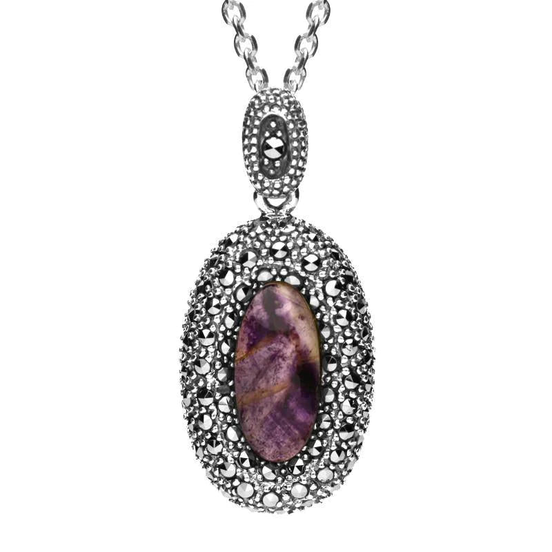 Sterling Silver Blue John Marcasite Rounded Edge Oval Necklace - Option1 Value Silver