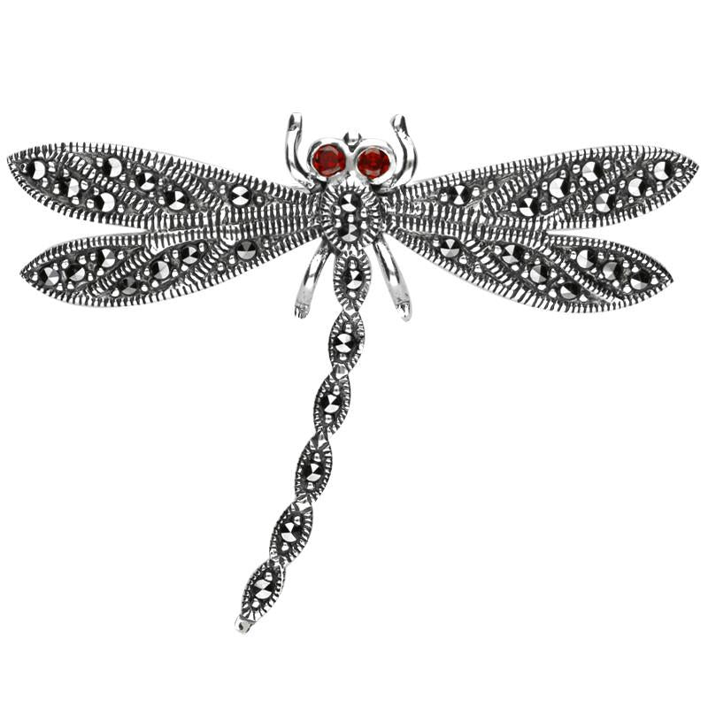 Sterling Silver Marcasite Garnet House Style Dragonfly Brooch - Silver