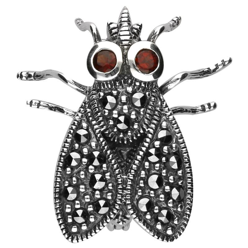 Sterling Silver Marcasite Garnet House Style Fly Brooch - Silver
