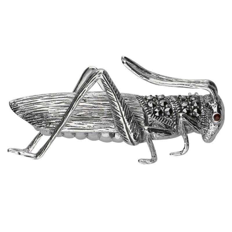 Sterling Silver Marcasite Garnet House Style Grasshopper Brooch - Silver
