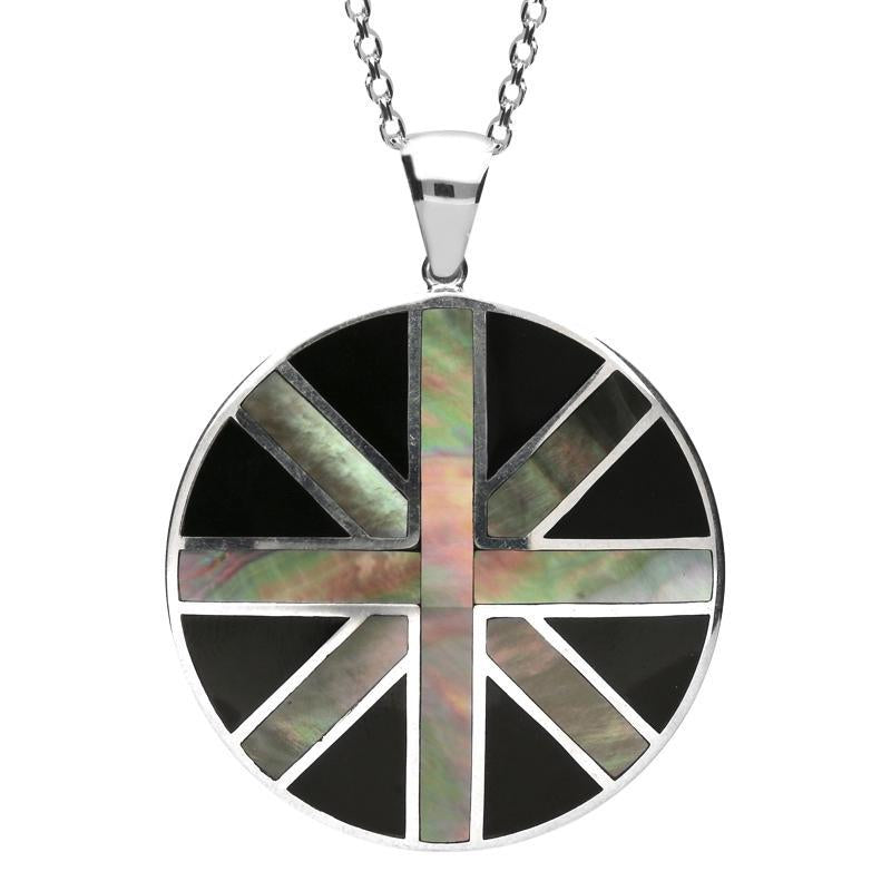 Sterling Silver Whitby Jet and Dark Mother of Pearl Large Round Union Jack Necklace