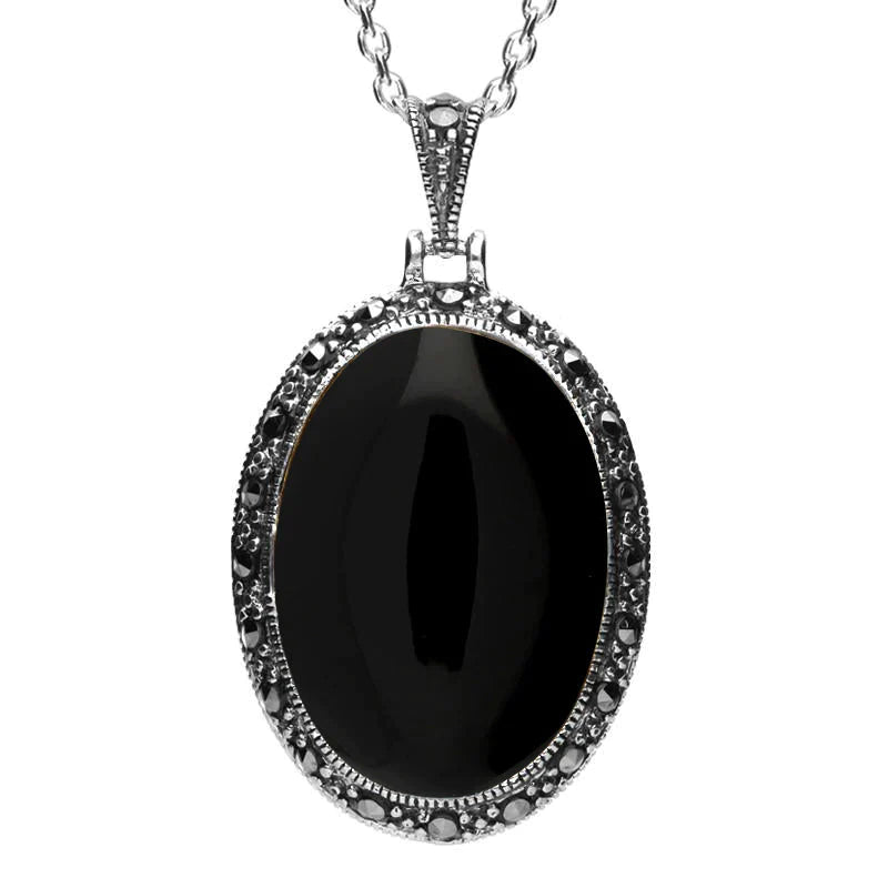Sterling Silver Whitby Jet Marcasite Oval Star Back Necklace - Silver