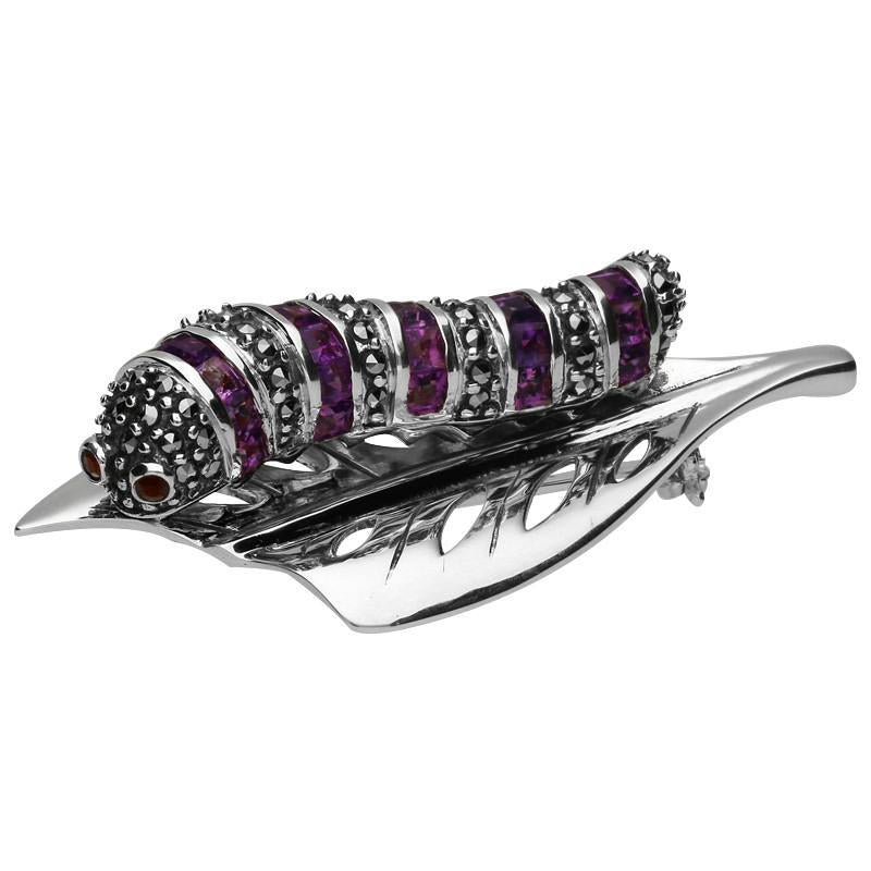 Sterling Silver Marcasite Amethyst Garnet House Style Caterpillar Leaf Brooch - Silver