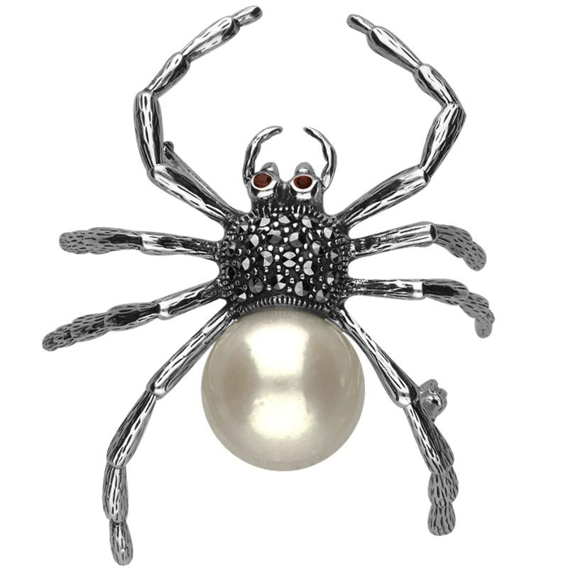 Sterling Silver Marcasite Pearl Garnet House Style Large Spider Brooch - Silver