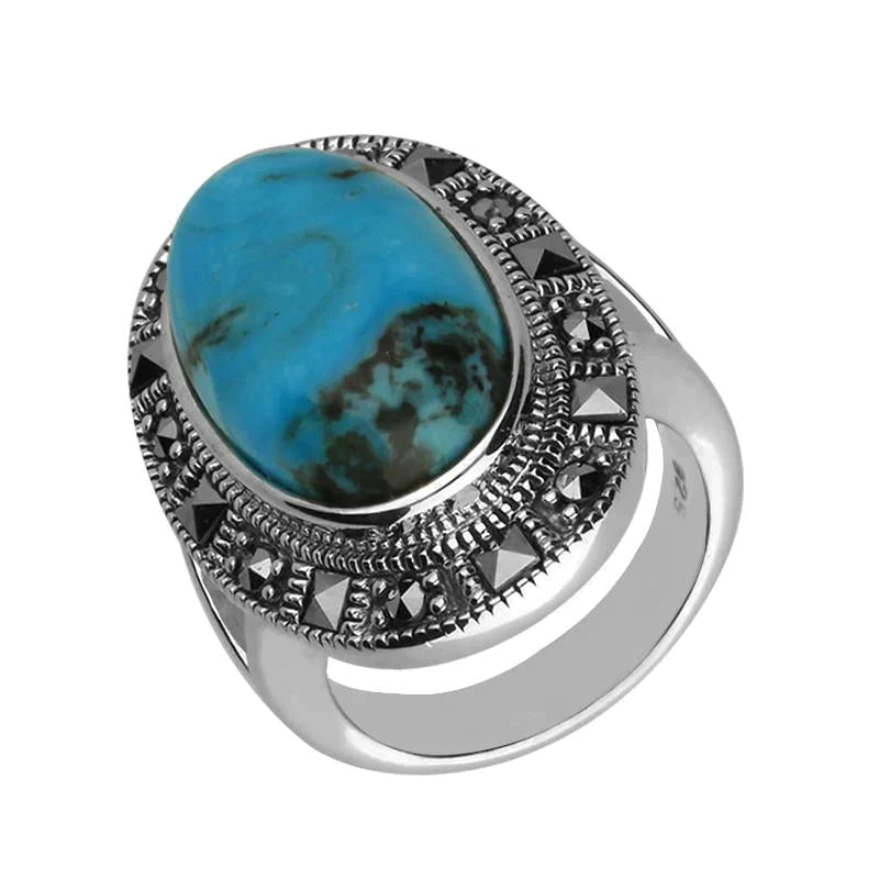 Sterling Silver Turquoise Marcasite Beaded Oval Ring - Option1 Value Silver