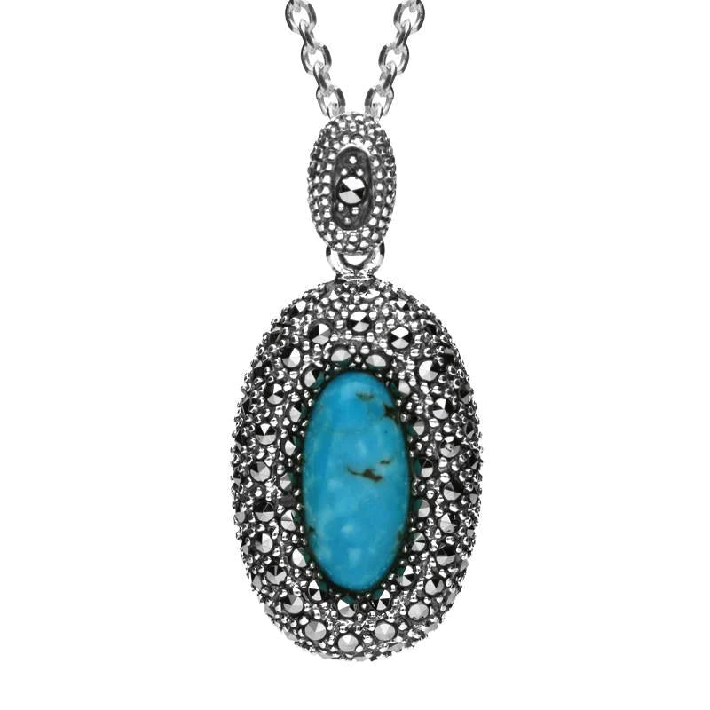 Sterling Silver Turquoise Marcasite Rounded Edge Oval Necklace - Option1 Value Silver