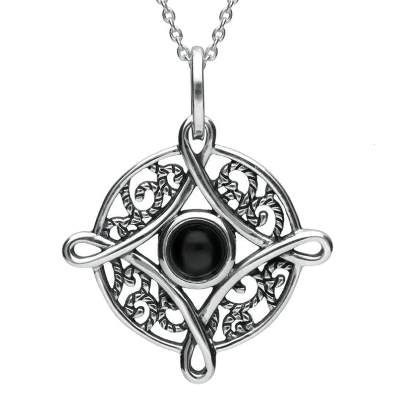Sterling Silver Whitby Jet Four Point Cross Necklace - Silver
